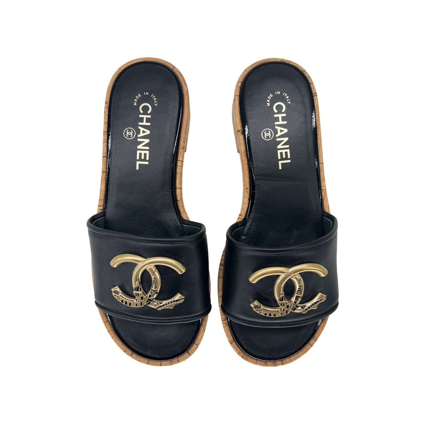 Chanel gold logo mules sandals black lambskin leather/cork