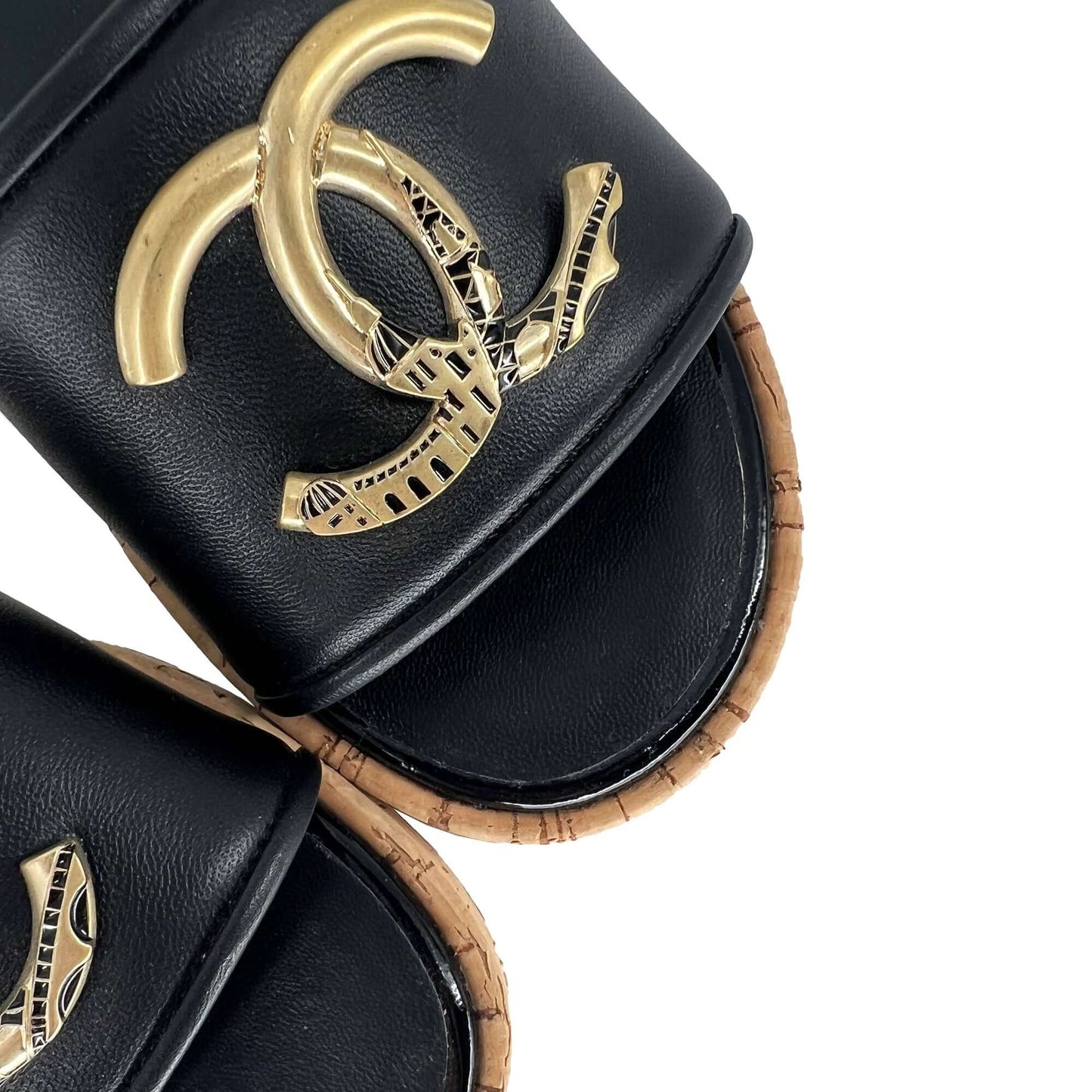 Chanel gold logo mules sandals black lambskin leather/cork