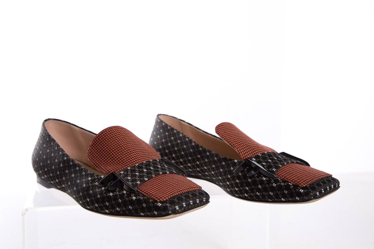 Fendi Black Flats With Orange Houndstooth Accent and Square Toe SZ 36