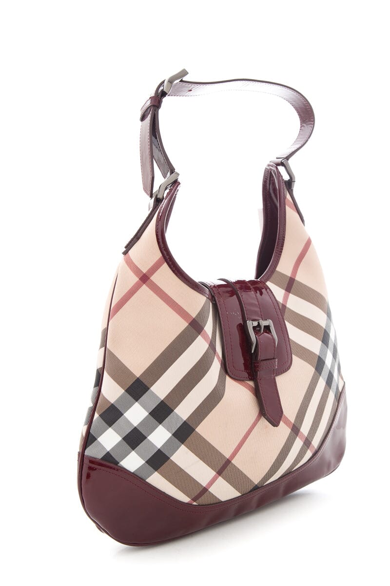 Burberry Burgundy Patent Leather Trim Plaid Handbag