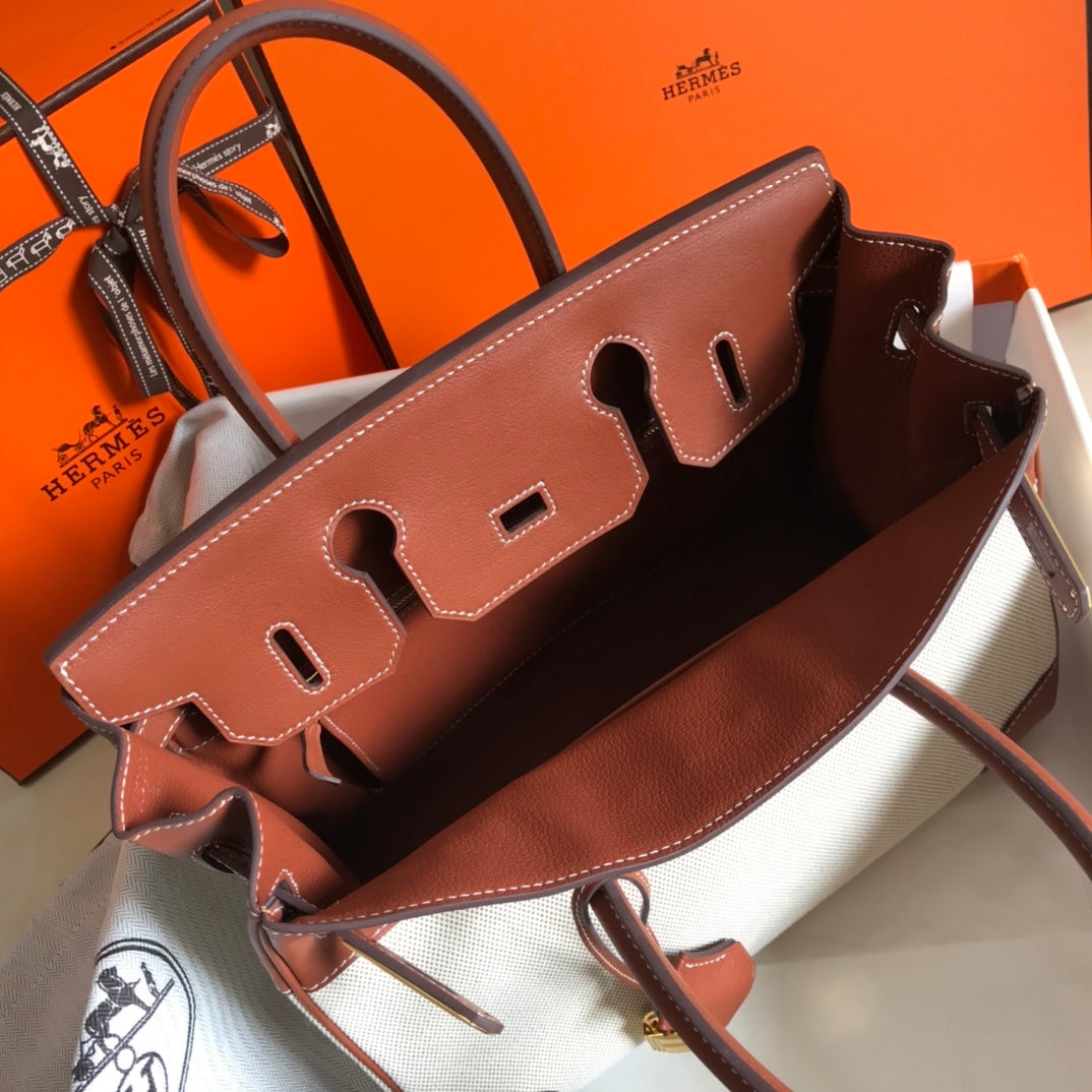 HM Birkin Bag Toile and Brown Barenia with Gold Hardware For Women, Handbags, Shoulder Bags 30cm/12in