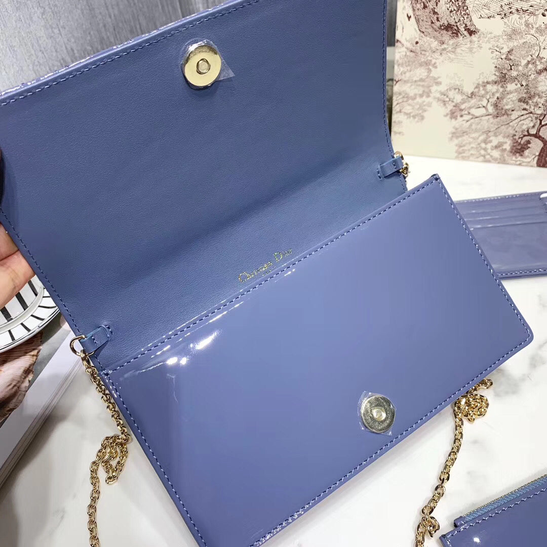 Dior Lady Dior Clutch With Chain In Denim Blue Patent