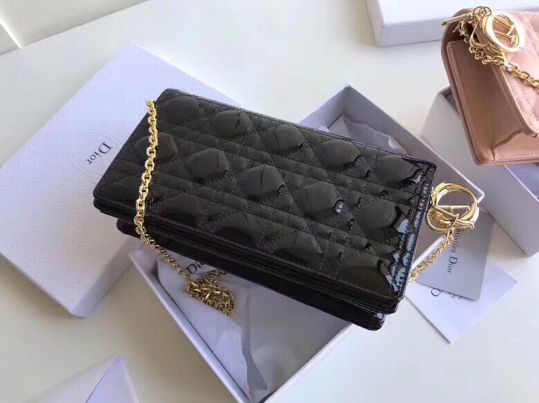 Dior Lady Dior Clutch With Chain In Black Patent