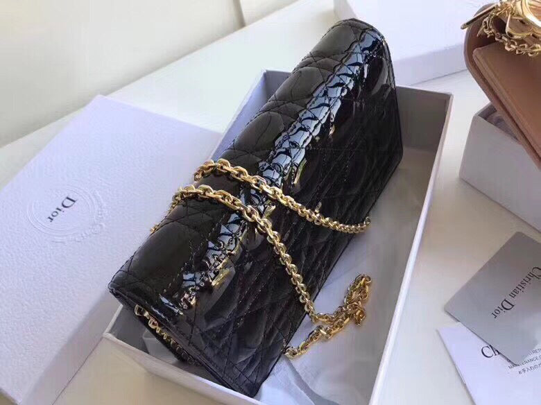 Dior Lady Dior Clutch With Chain In Black Patent