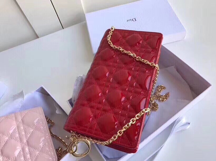 Dior Lady Dior Clutch With Chain In Red Patent Calfskin