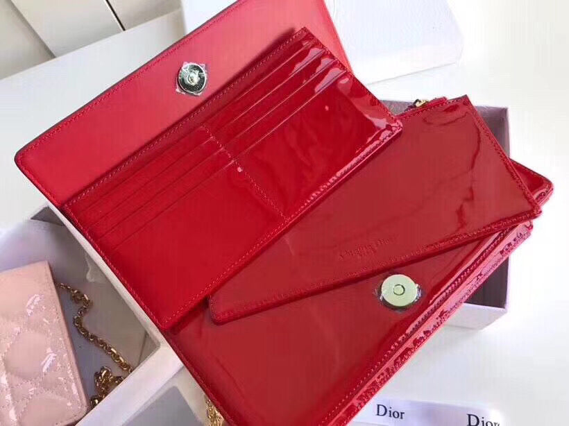 Dior Lady Dior Clutch With Chain In Red Patent Calfskin