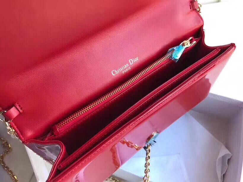 Dior Lady Dior Clutch With Chain In Red Patent Calfskin