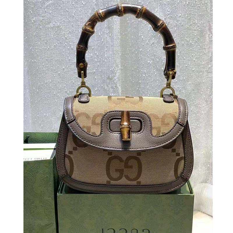 Gucci Women Small Jumbo GG Bag Bamboo Camel GG Canvas Brown Leather