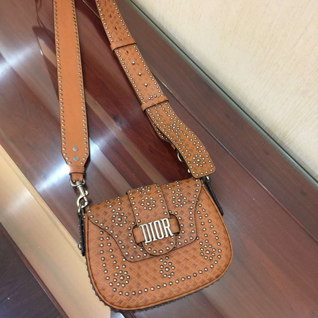 Dior D-Fence Saddle Bag In Brown Studded Calfskin