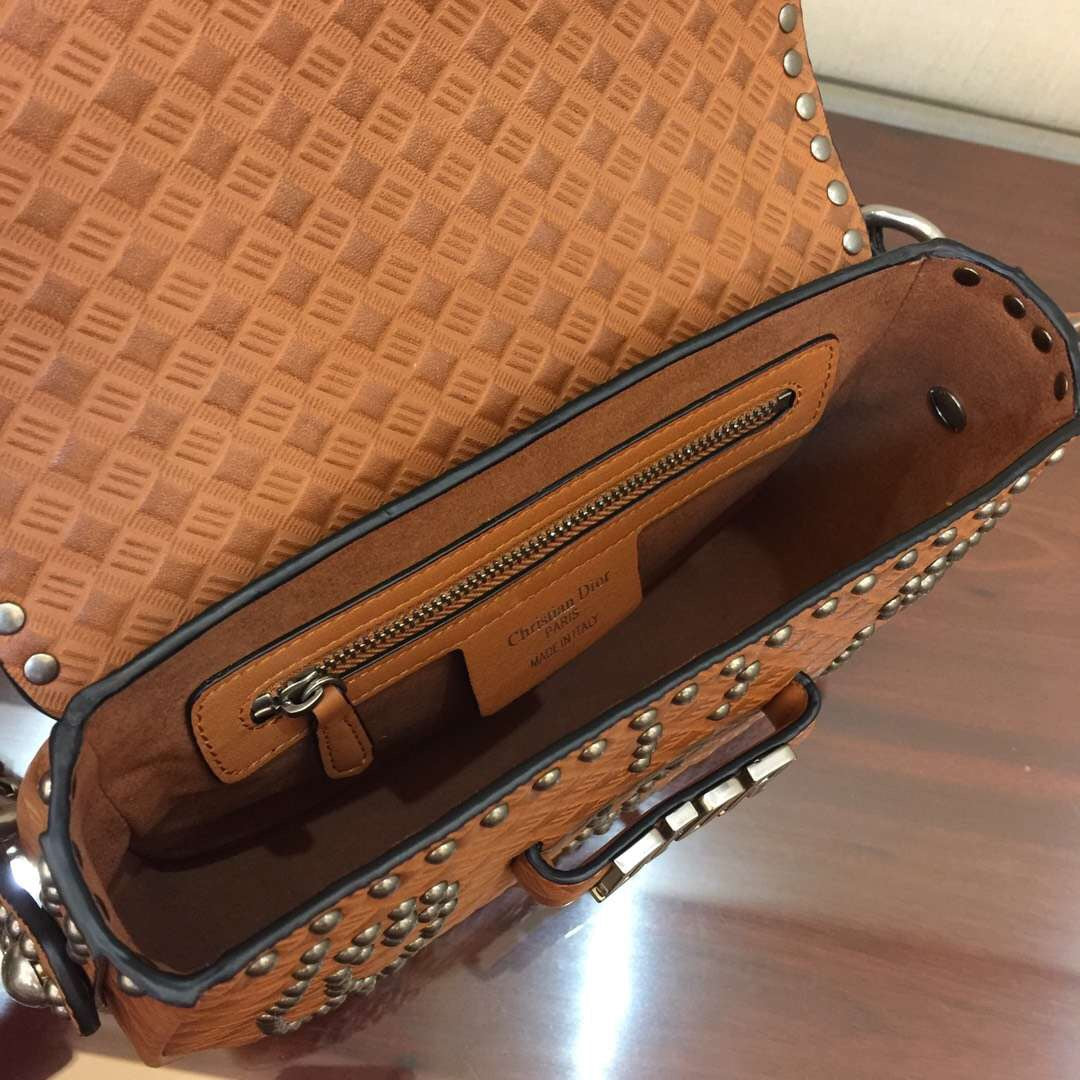 Dior D-Fence Saddle Bag In Brown Studded Calfskin