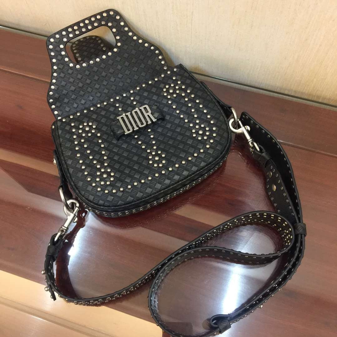 Dior D-Fence Saddle Bag In Black Studded Calfskin