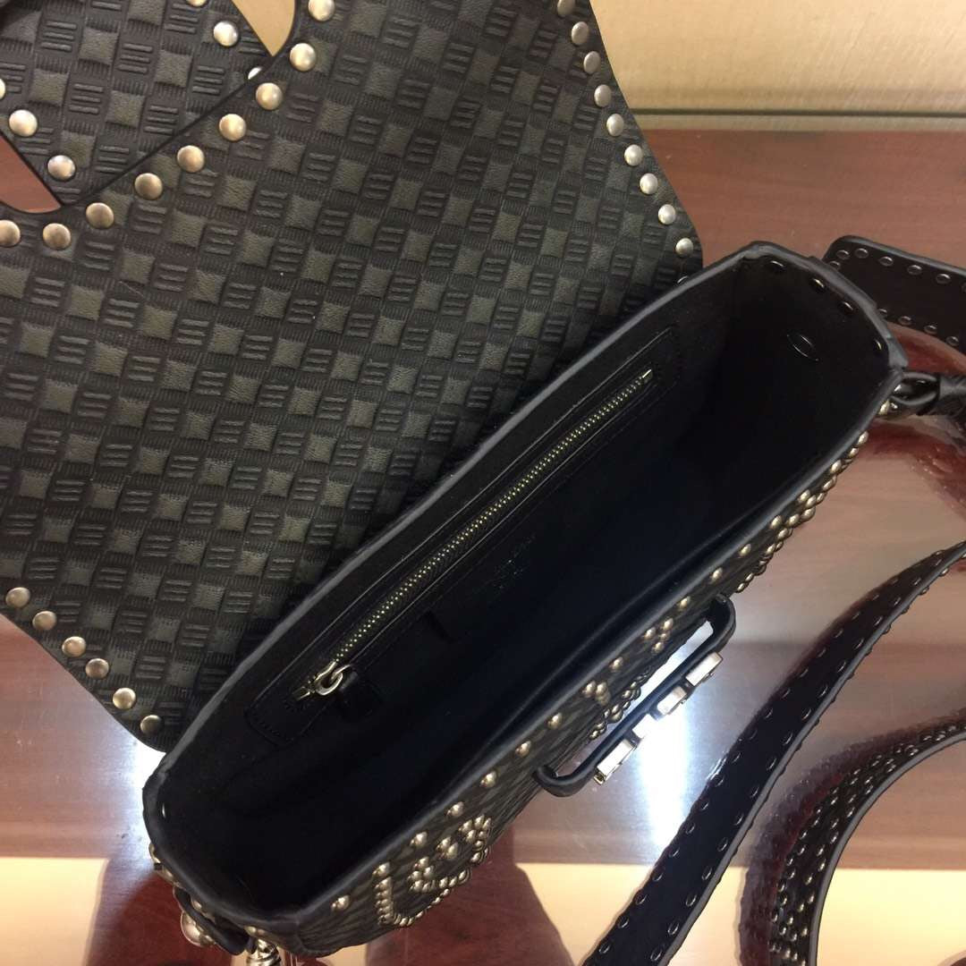 Dior D-Fence Saddle Bag In Black Studded Calfskin