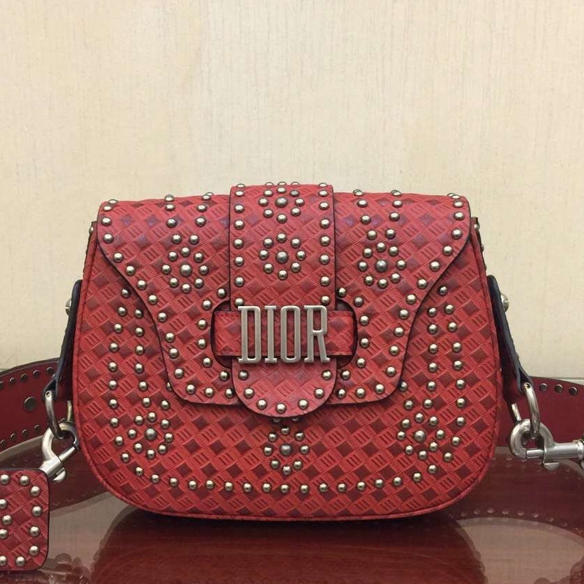 Dior D-Fence Saddle Bag In Red Studded Calfskin