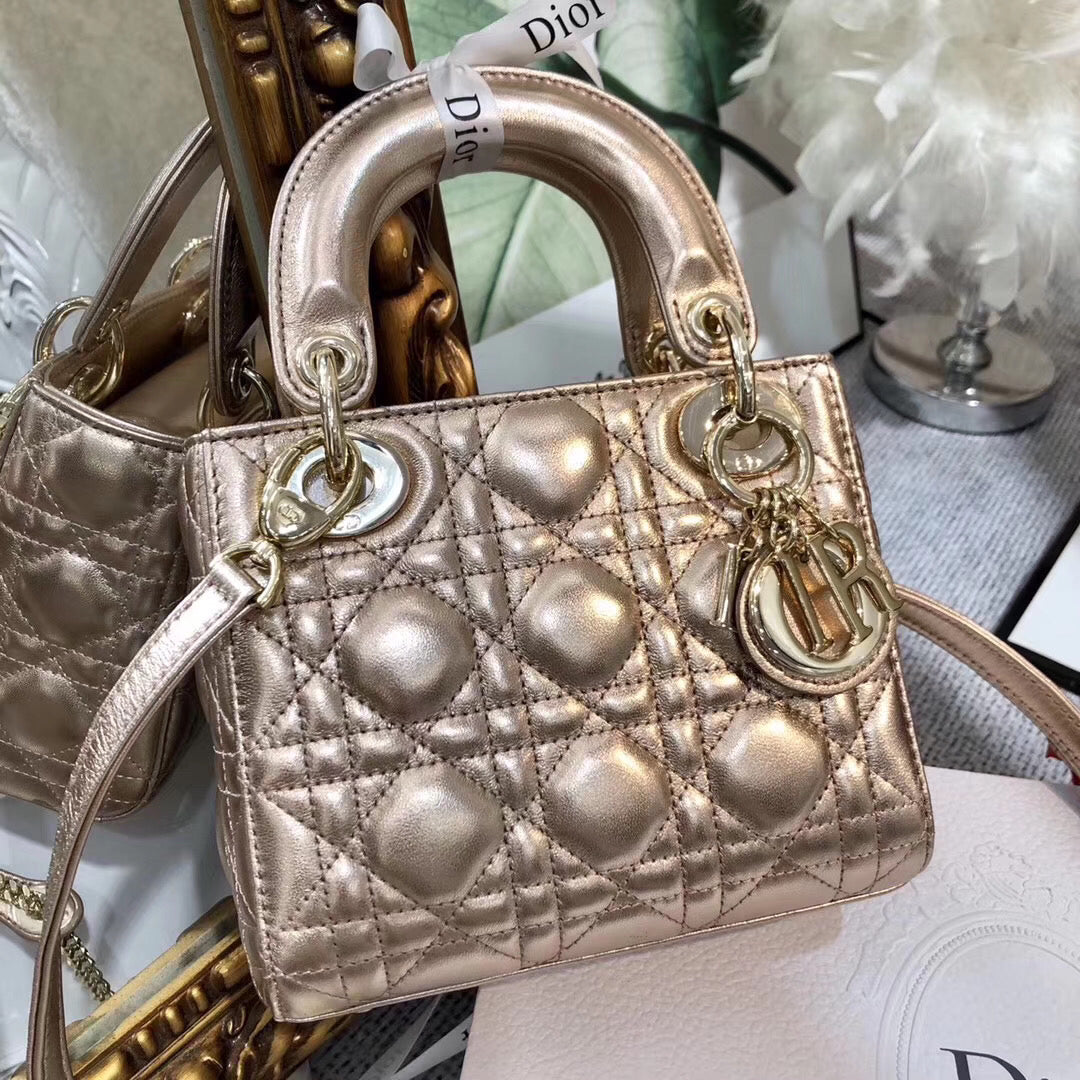 Dior Lady Dior Mini Chain Bag In Gold Metallic Calfskin