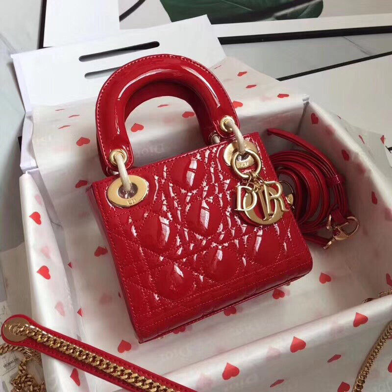 Dior Lady Dior Mini Chain Bag In Cherry Patent Leather