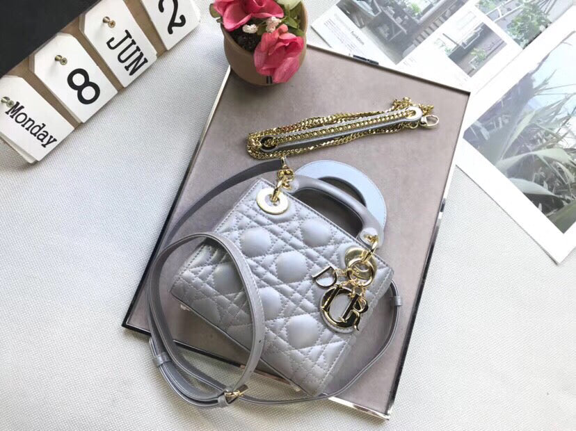 Dior Grey Pearly Lambskin Mini Lady Dior Bag With Chain