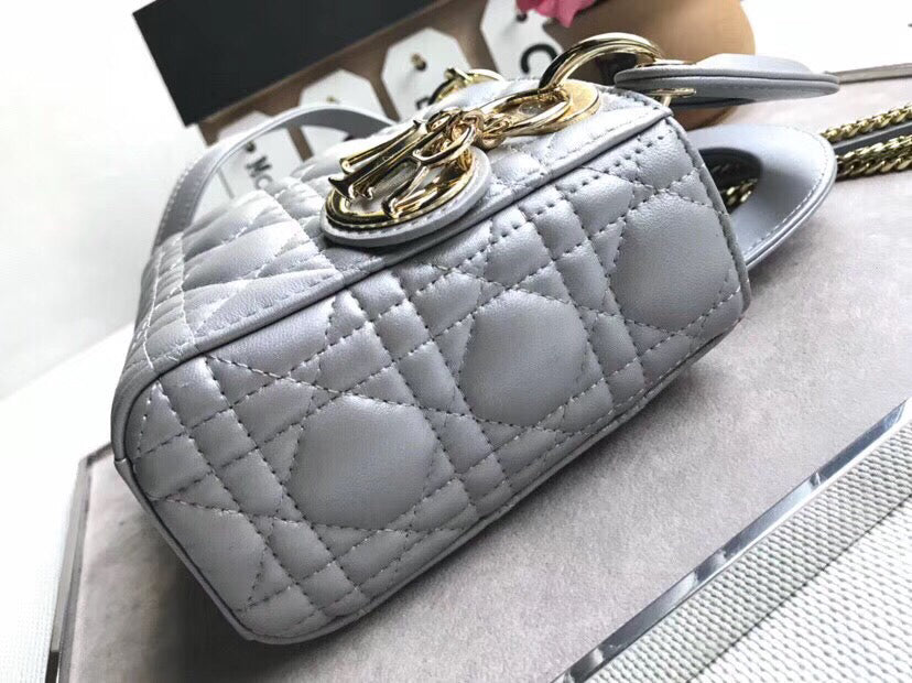 Dior Grey Pearly Lambskin Mini Lady Dior Bag With Chain