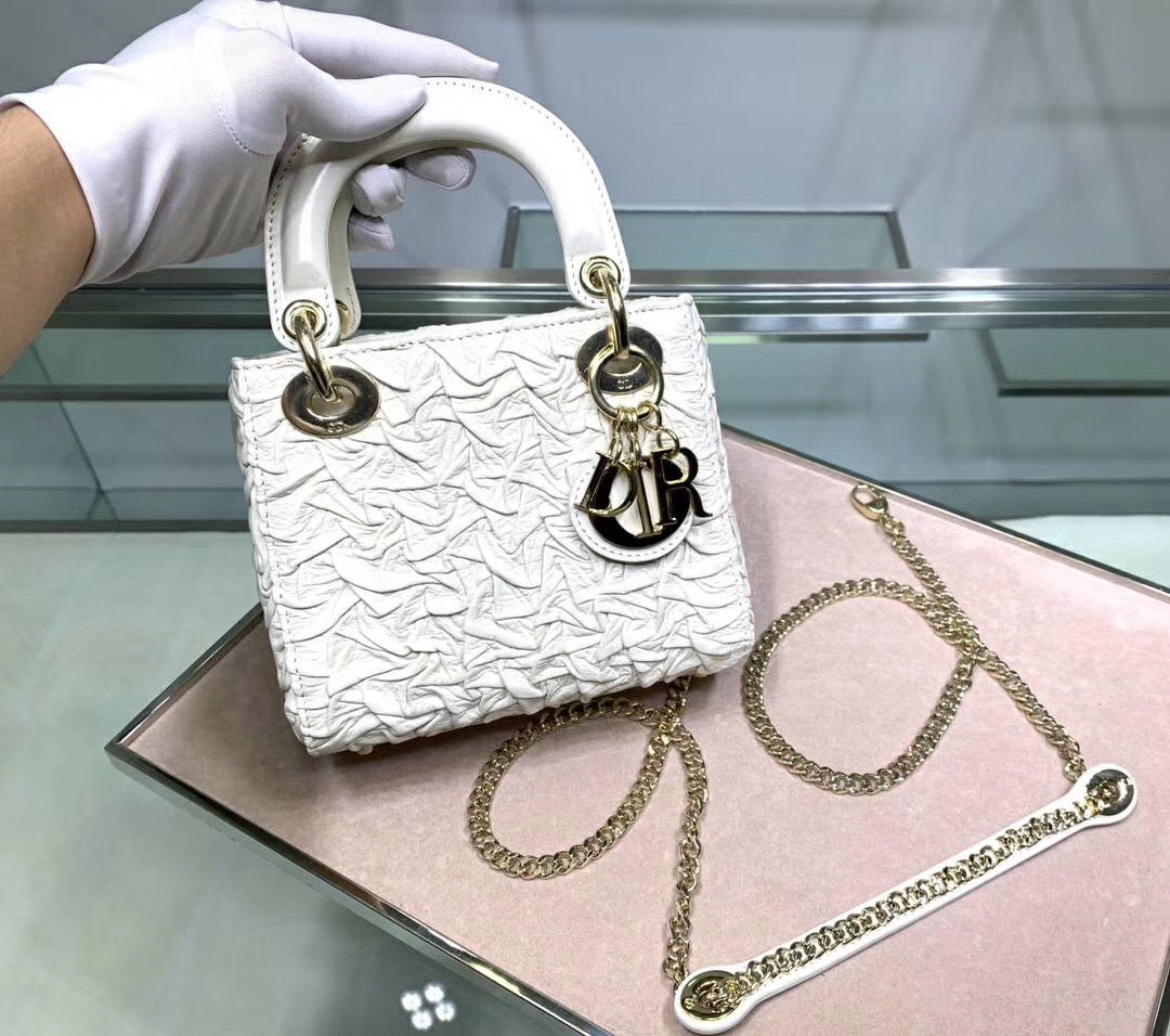 Dior Lady Dior Mini Chain Bag In White Wavy Crinkled Lambskin