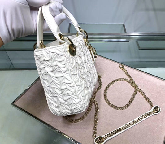 Dior Lady Dior Mini Chain Bag In White Wavy Crinkled Lambskin