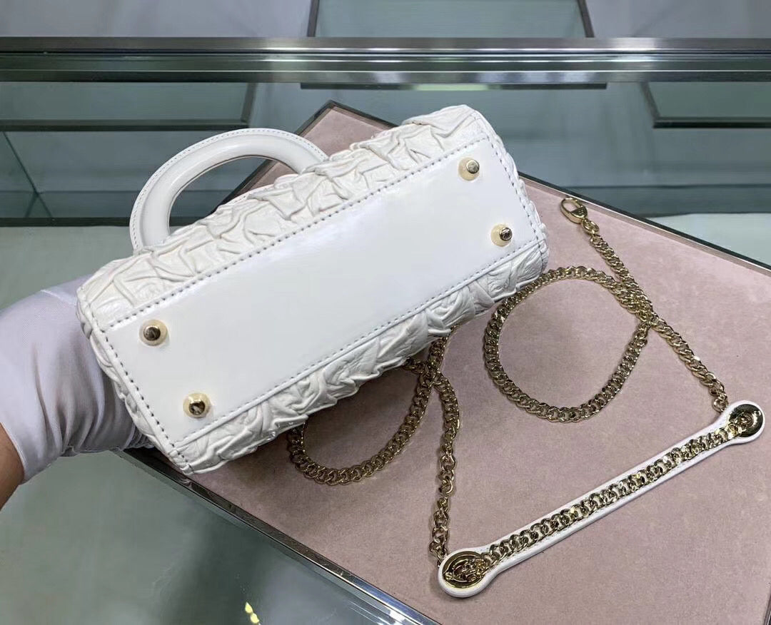 Dior Lady Dior Mini Chain Bag In White Wavy Crinkled Lambskin