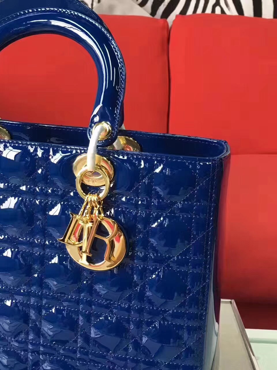 Dior Large Lady Dior Bag In Blue Patent Leather