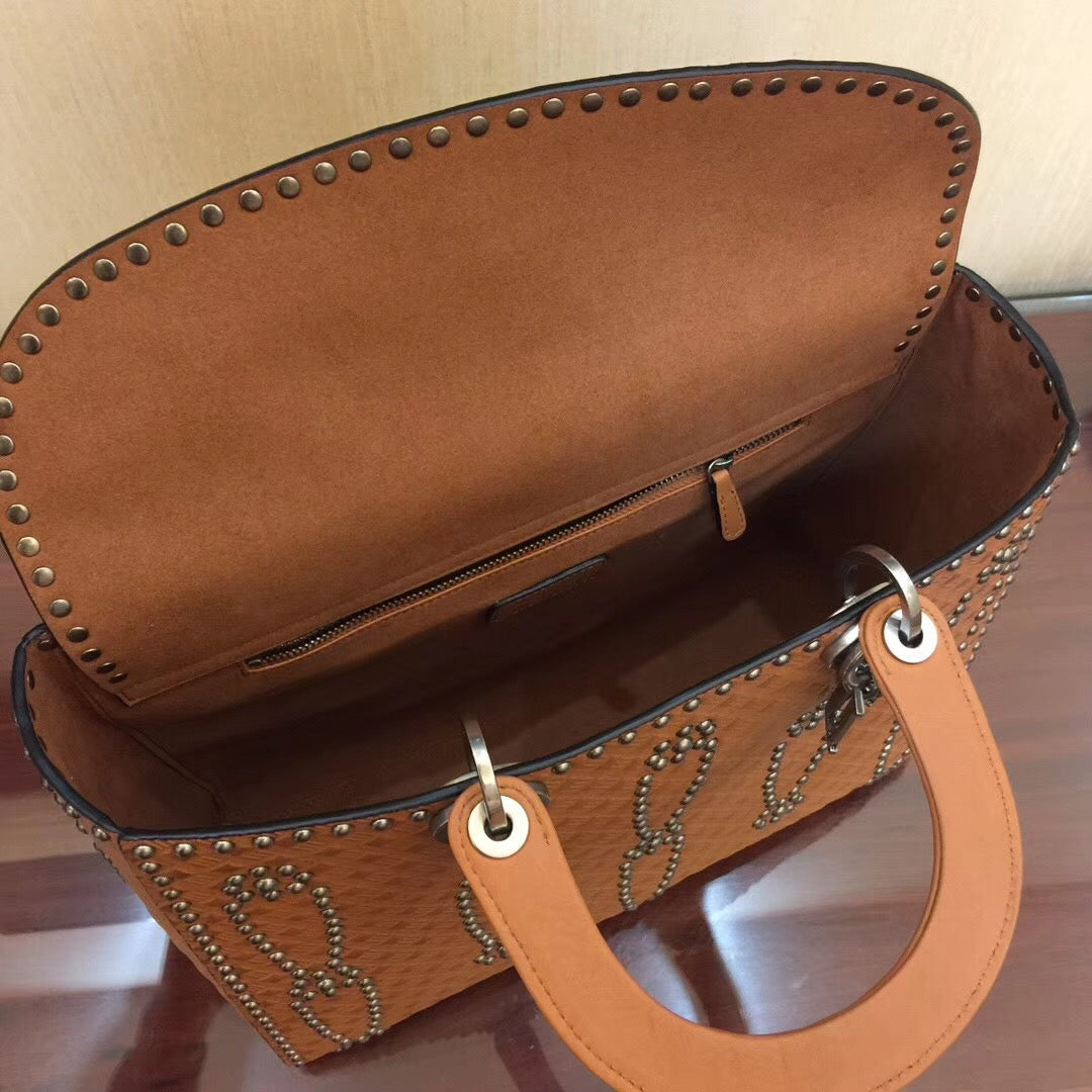 Dior Large Lady Dior Bag In Brown Studded Calfskin