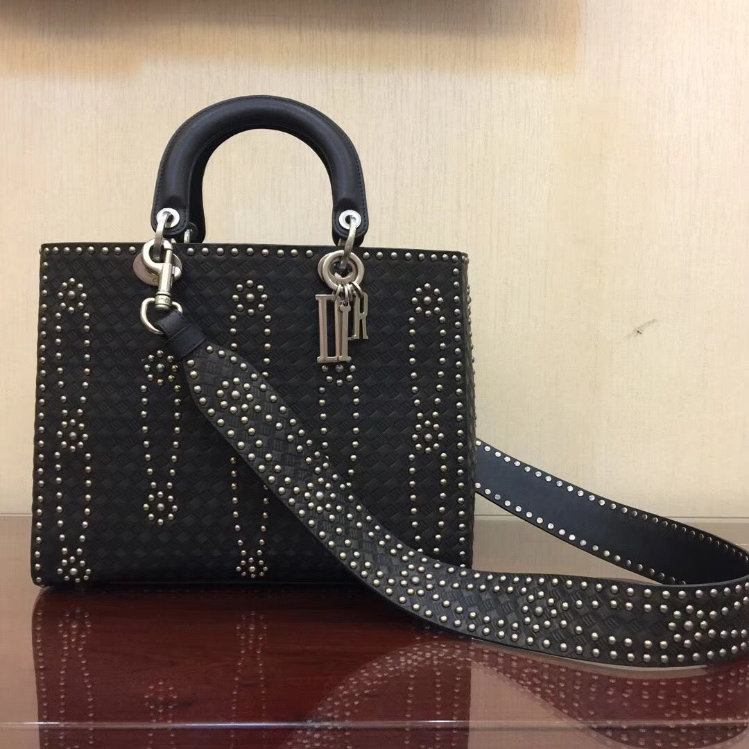 Dior Large Lady Dior Bag In Black Studded Calfskin