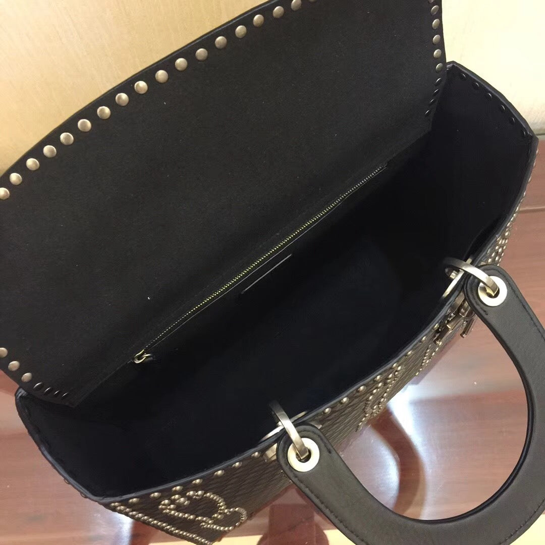 Dior Large Lady Dior Bag In Black Studded Calfskin