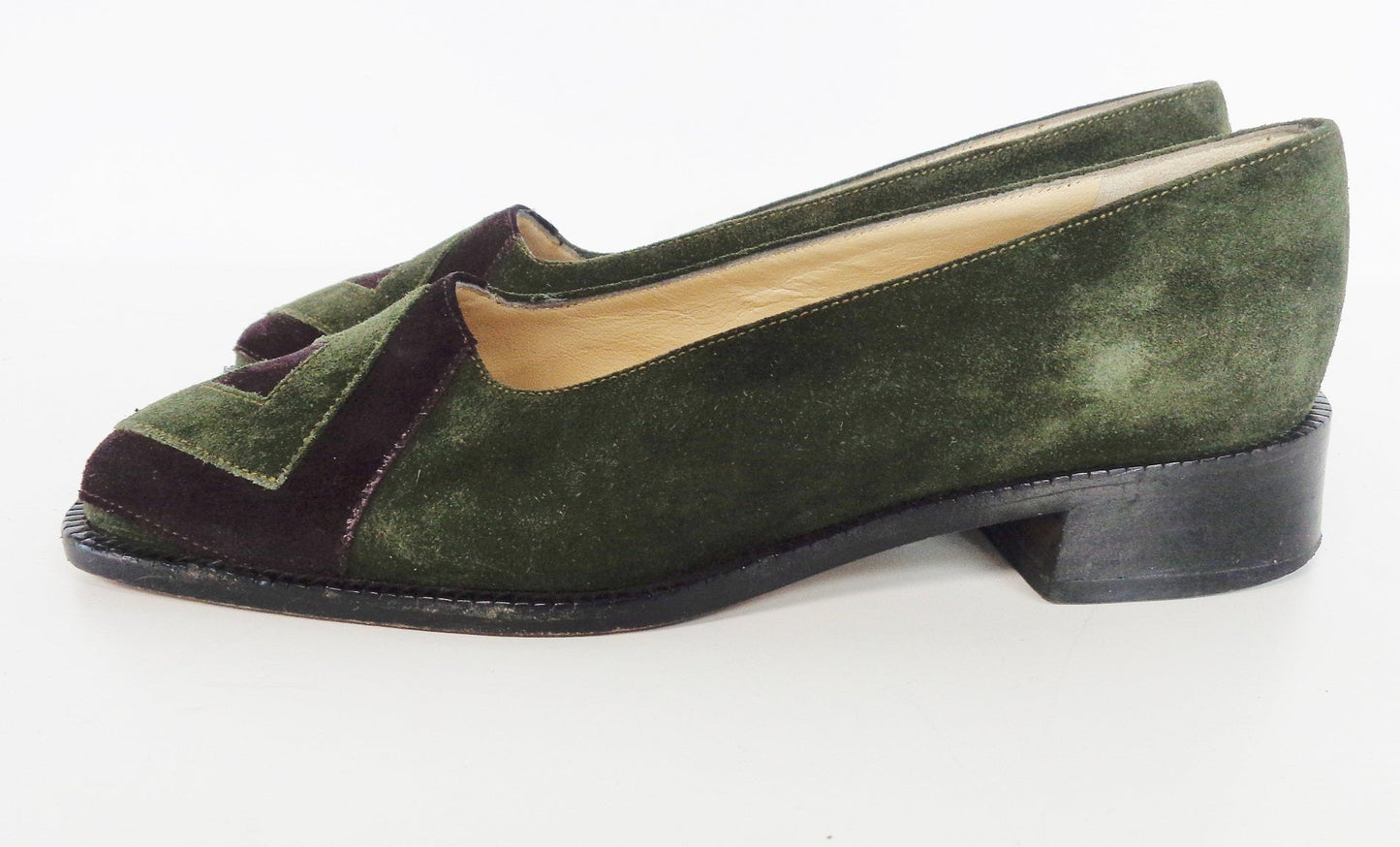 BOTTEGA VENETA Green and Purple Suede Flats with Wooden Block Heel Size 6