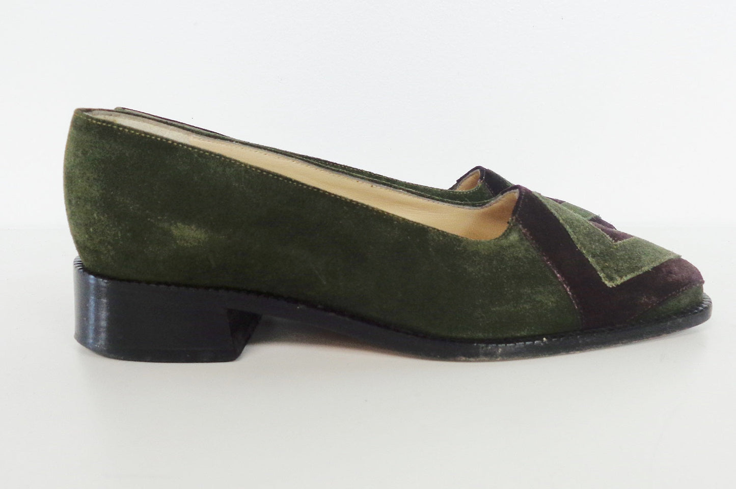 BOTTEGA VENETA Green and Purple Suede Flats with Wooden Block Heel Size 6