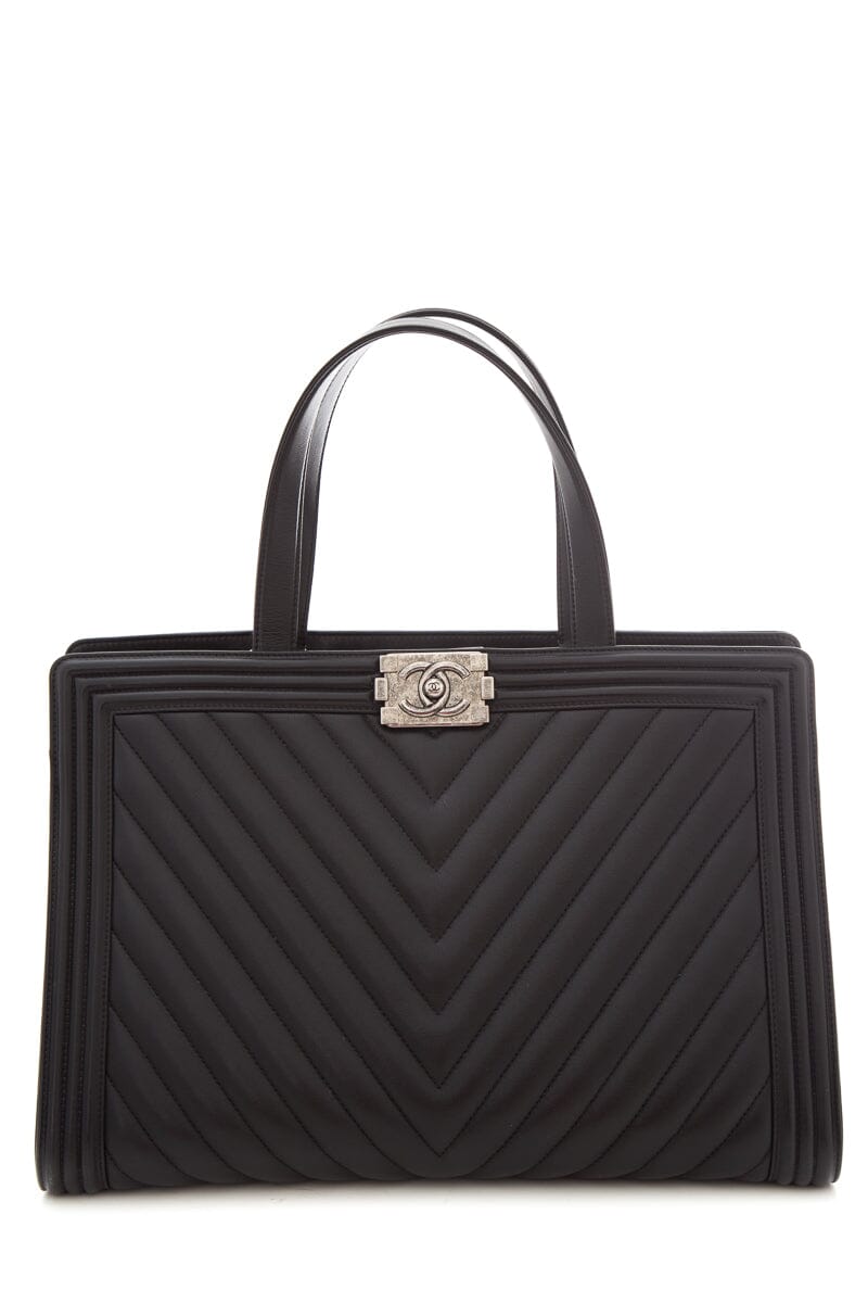 Chanel 2014/2015 "Boy Shopper" 30cm Black  Chevron Leather Tote W/ Palladium HW