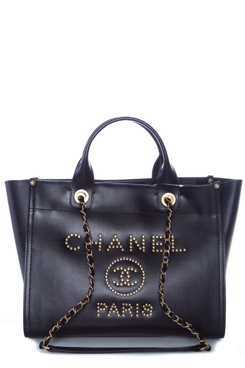 Chanel Black Caviar Studded Deauville Tote Handbag