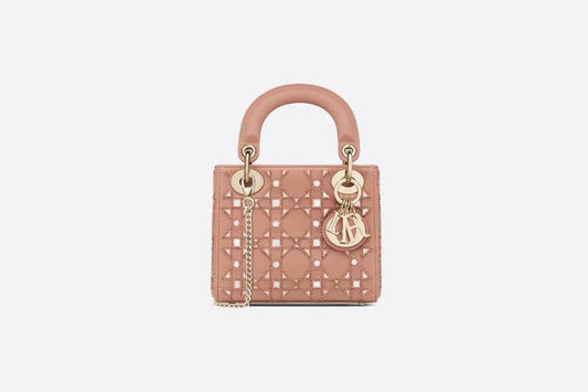 Mini Lady Christian Dior Bag Rose Des Vents Calfskin with Cannage Embroidery in Threaded Pearls