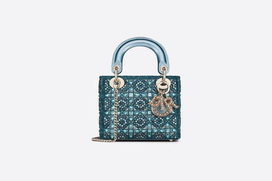 Mini Lady Christian Dior Bag Metallic Calfskin and Satin with Celestial Blue Bead Embroidery