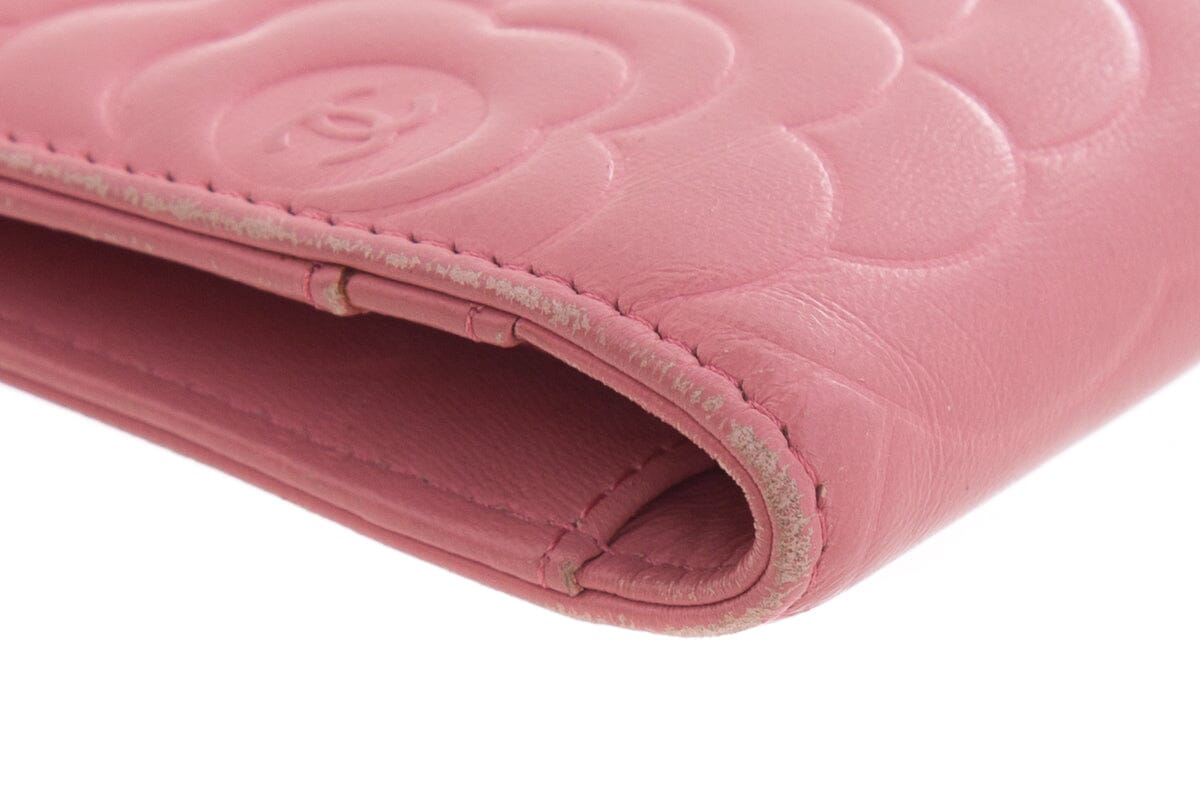 Chanel Pink Leather Camellia Embossed Long Wallet