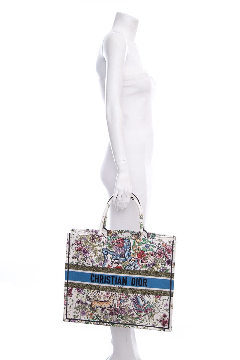 Dior White Floral Woodland Embroidered Book Tote Handbag