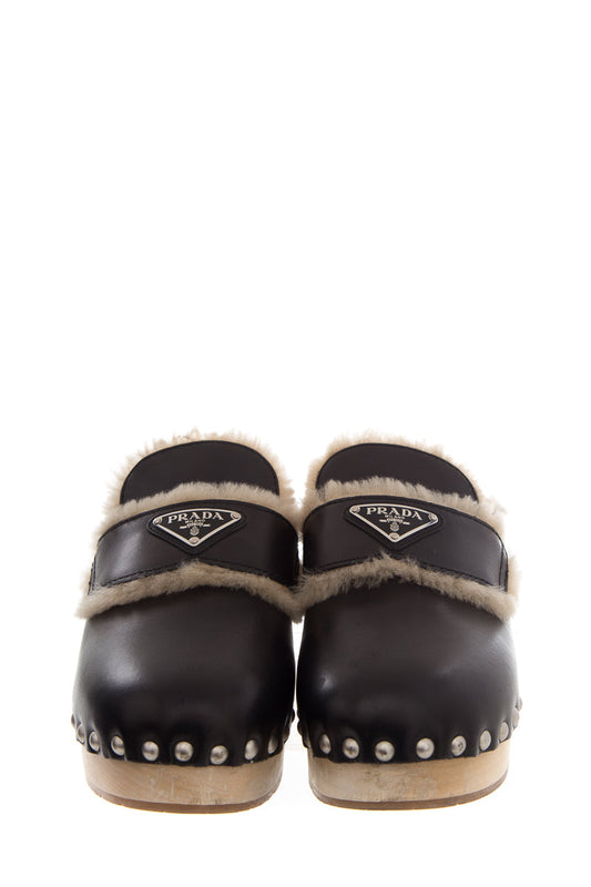 Prada Black Leather Shearling Clogs SZ 38