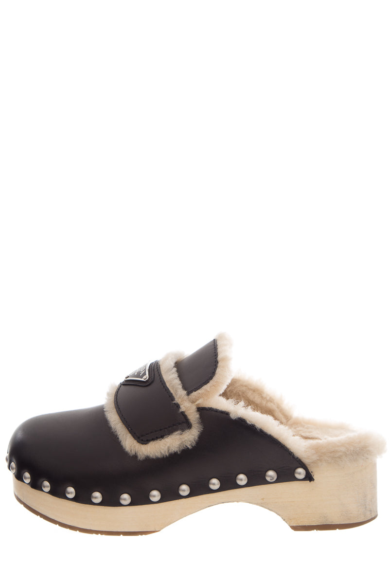 Prada Black Leather Shearling Clogs SZ 38