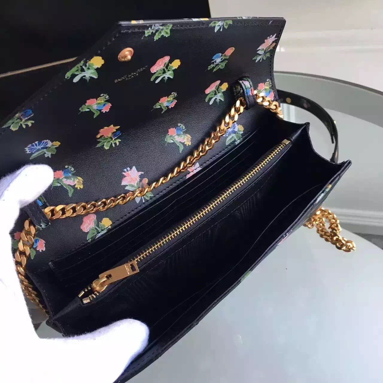 Yves Saint Laurent Chain Wallet In Prairie Flower Printed Leather