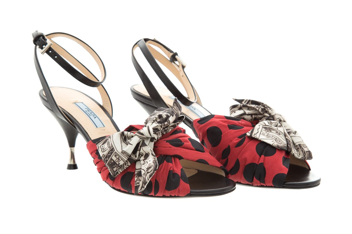 Prada Multi Cartoon Print Satin Bow Tie Detail Heels SZ 38.5