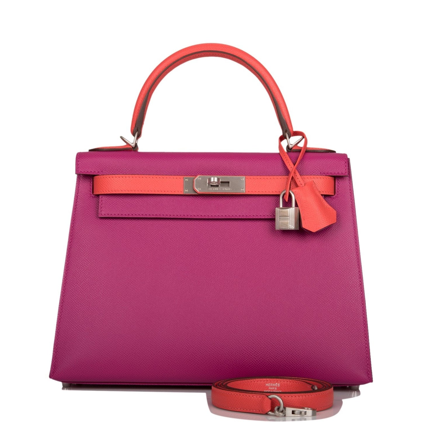 Pre-owned Hermes Special Order (HSS) Kelly Sellier 28 Rose Pourpre and Rose Jaipur Epsom Brushed Palladium Hardware