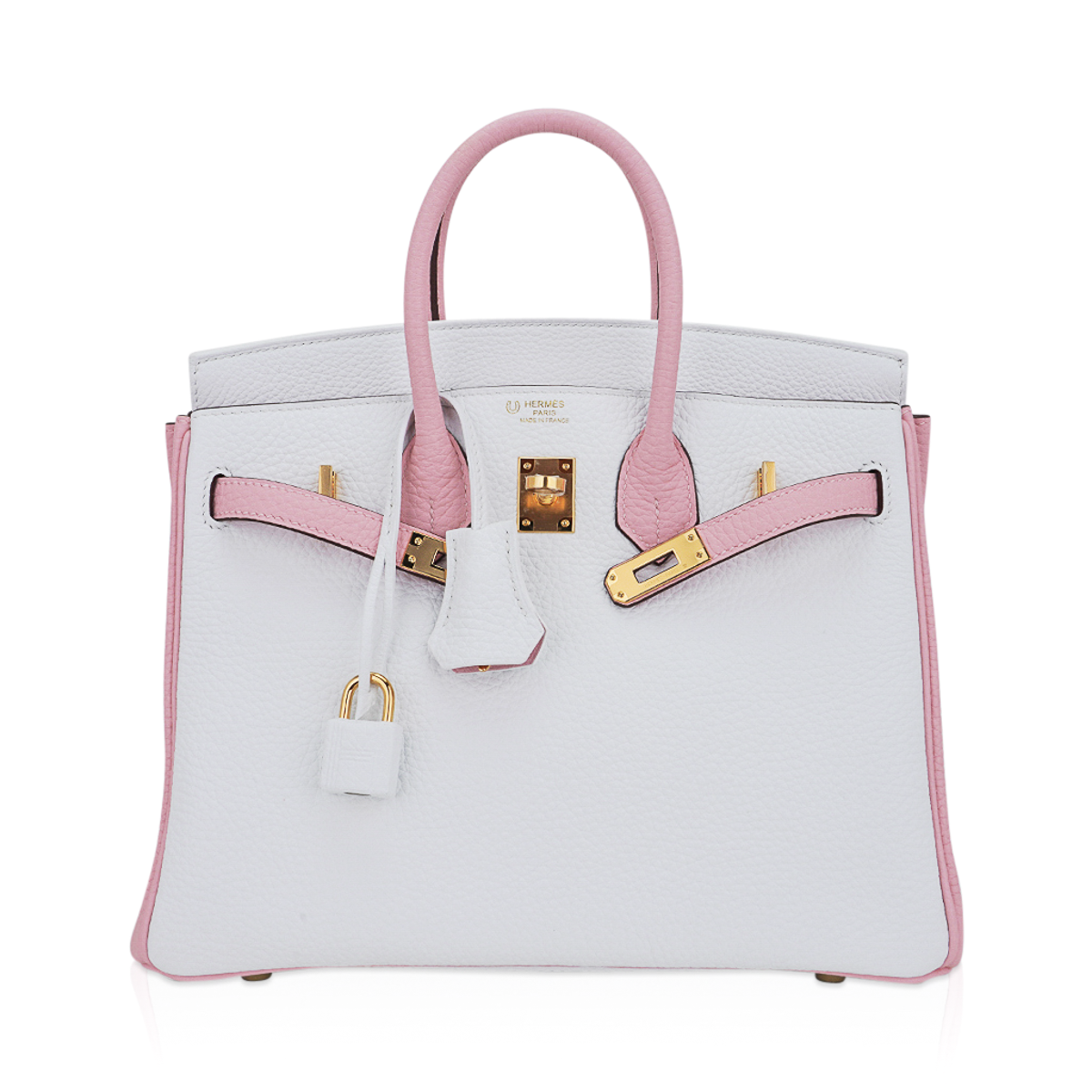 Hermes Special Order HSS Birkin 25 Bag Rose Sakura & White Clemence Leather Gold Hardware