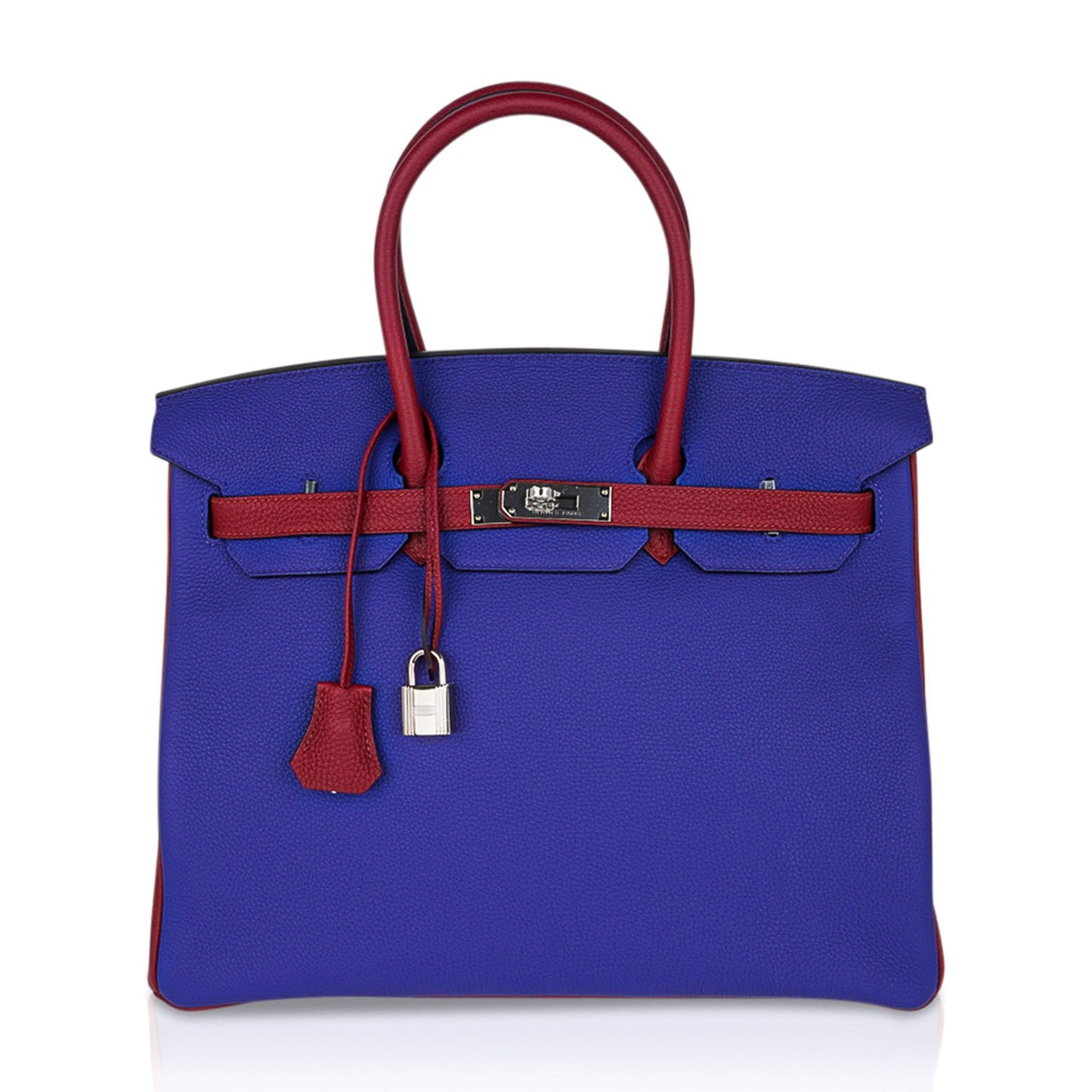 Hermes Special Order HSS Birkin 35 Bag Blue Electric & Rouge Grenat Togo Leather with Palladium Hardware