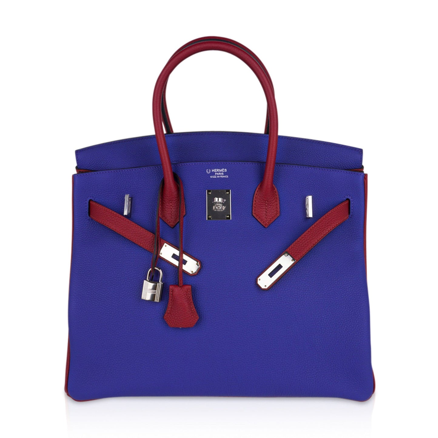 Hermes Special Order HSS Birkin 35 Bag Blue Electric & Rouge Grenat Togo Leather with Palladium Hardware