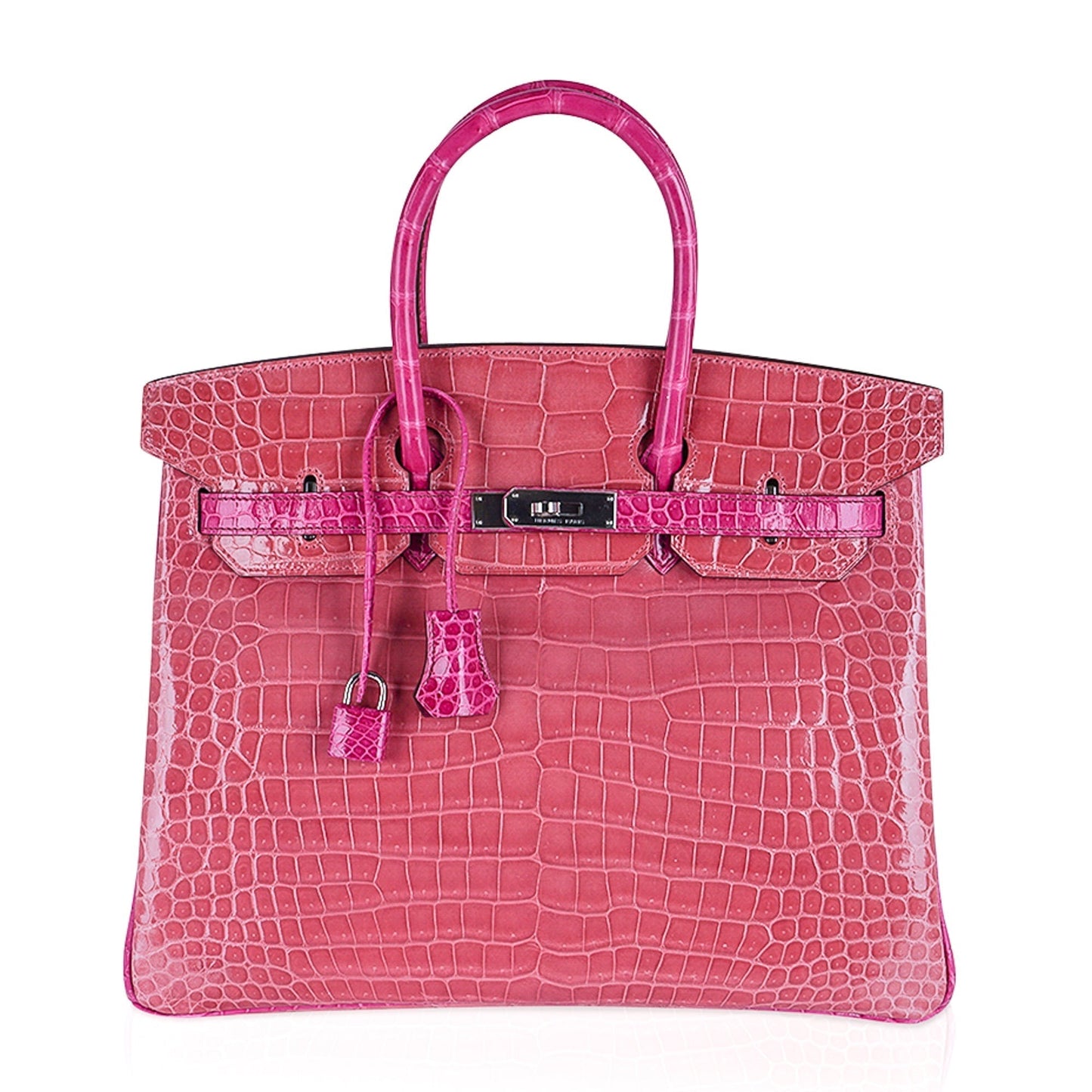 Hermes Special Order HSS Birkin 35 Bag Rose Indien & Fuchsia Porosus Crocodile with Palladium Hardware