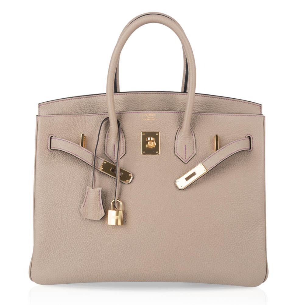 Hermes Special Order HSS Tri Colour Birkin 35 Bag Gris Tourterelle & Blue Paon Purple Stitching with Gold Hardware