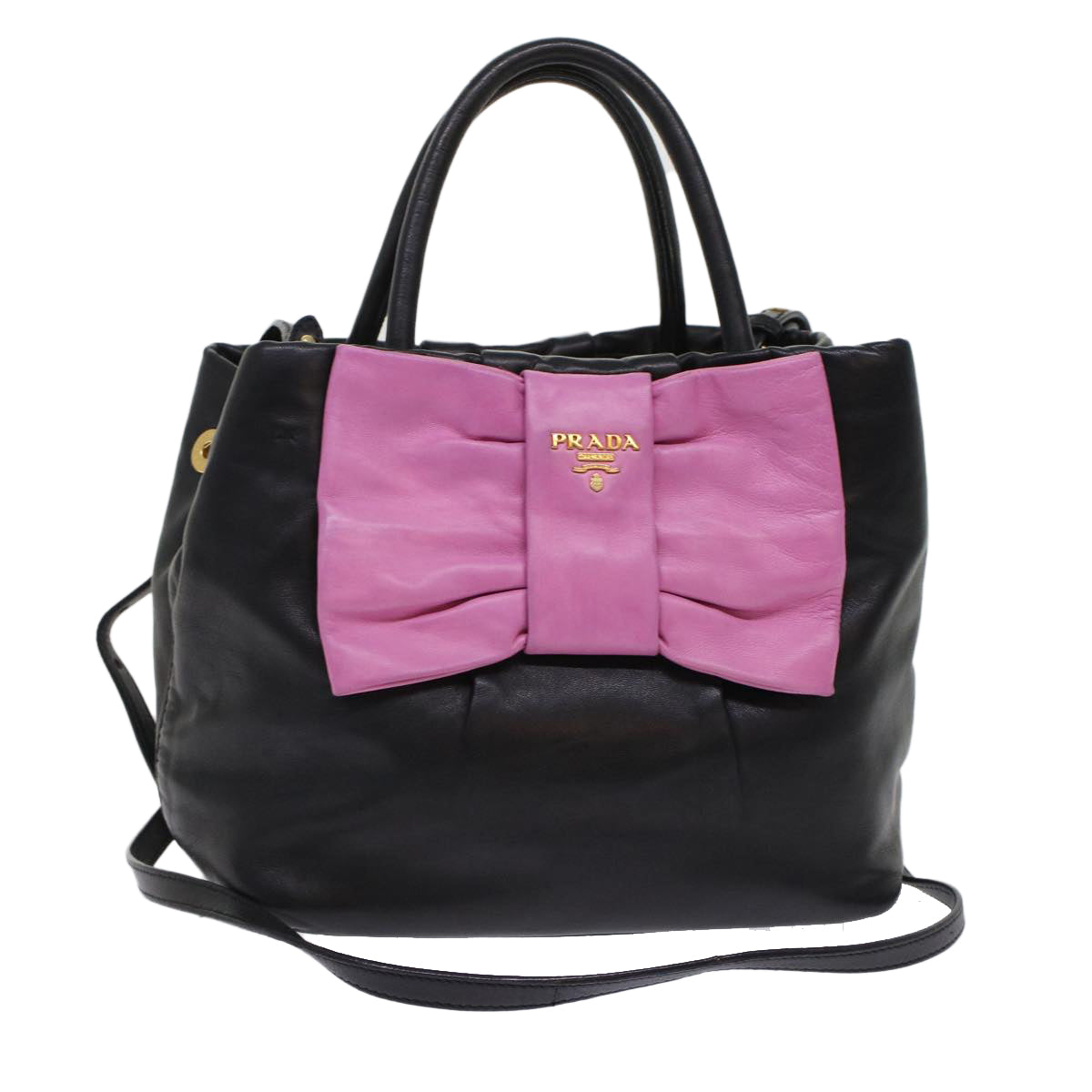 PRADA Ribbon Hand Bag Leather 2way Black Pink  hk777