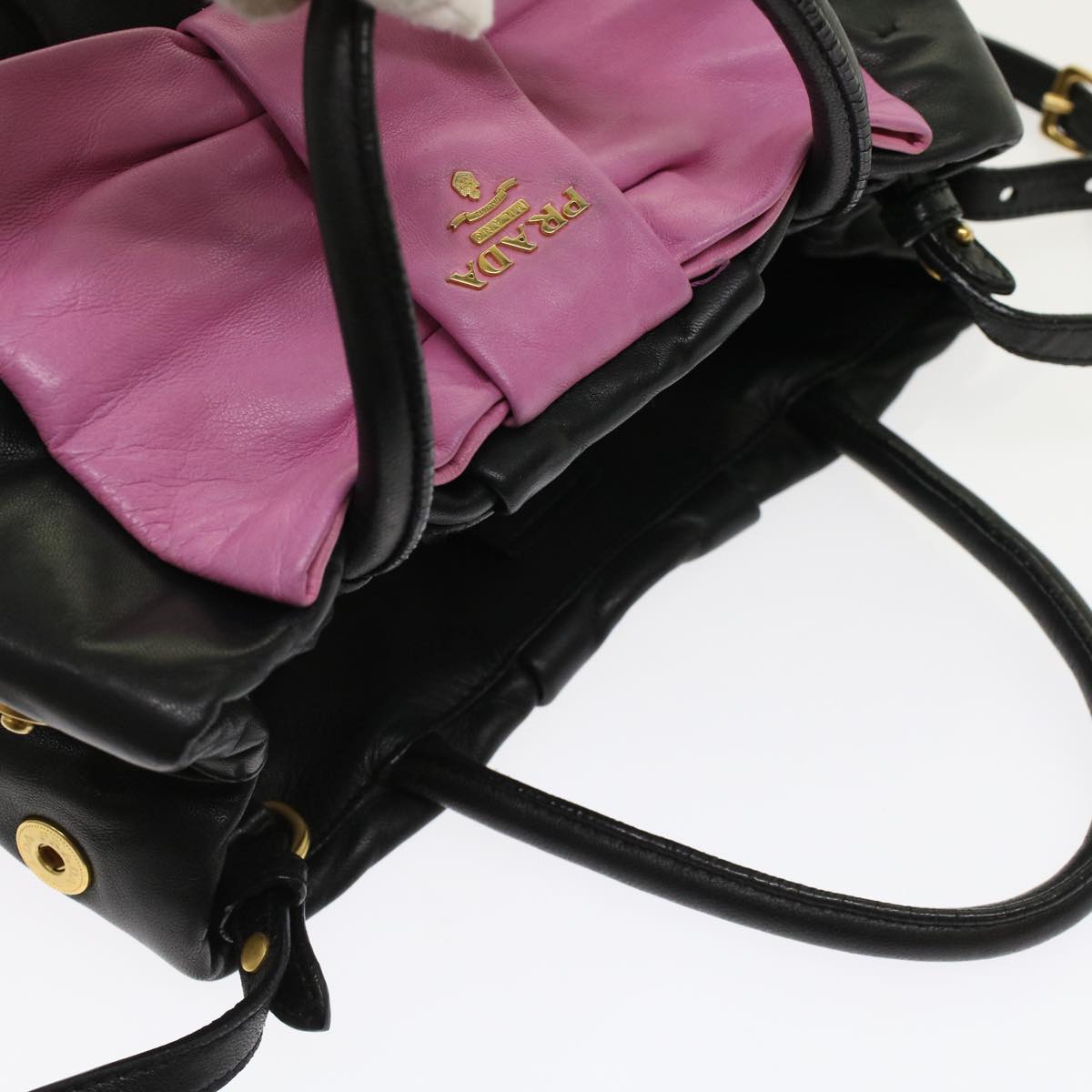 PRADA Ribbon Hand Bag Leather 2way Black Pink  hk777