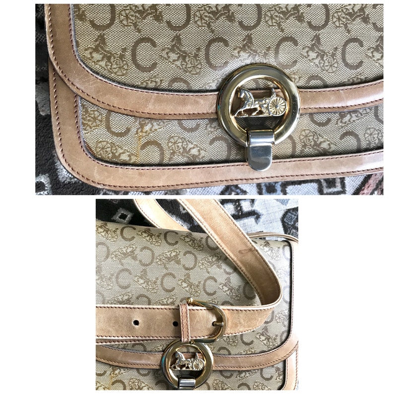 Celine Vintage beige macadam and blason pattern classic shoulder bag with golden logo motifs