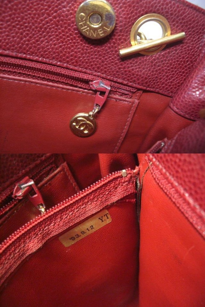 CHANEL Vintage cherry red caviar leather quilted shoulder bag, tote with golden CC ball and chain straps